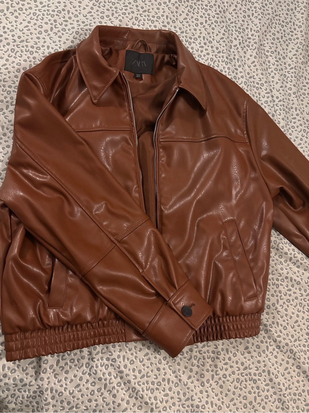 Zara Chestnut Brown Faux Leather Bomber Jacket